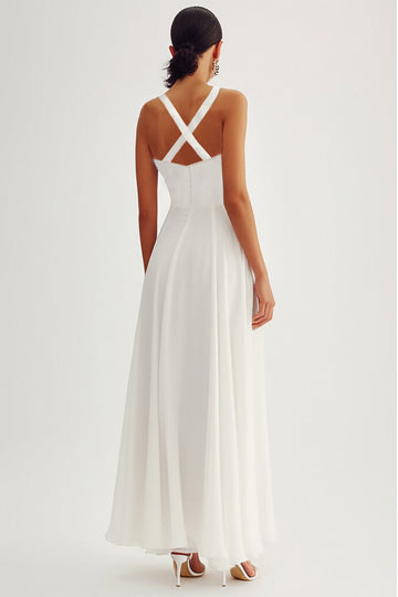Flowy White Ruched A Line Graduation Dress